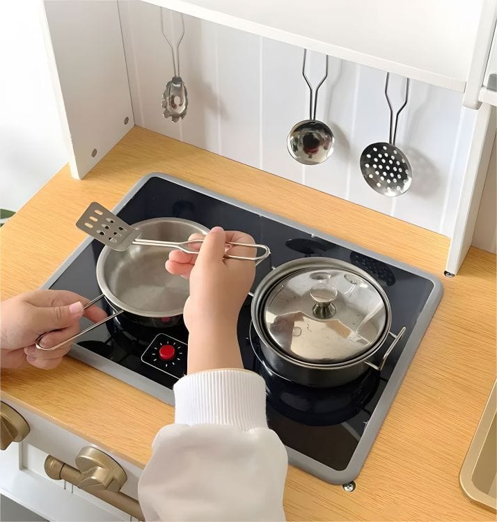 Meowbaby Large Wooden Play Kitchen for Children with Sounds and LED, Opening Cabinets, 7 Accessories