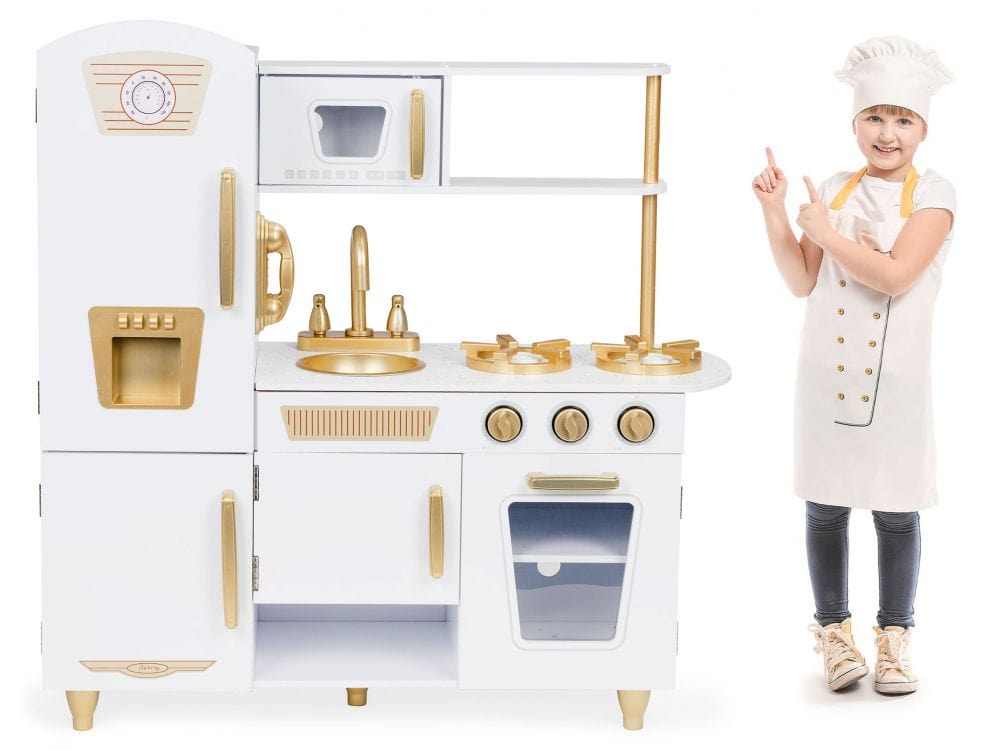 Meowbaby Large White and Gold Wooden Play Kitchen for Children