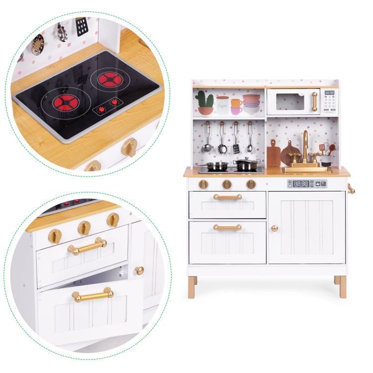 Meowbaby Large Wooden Play Kitchen for Children with Sounds and LED, Opening Cabinets, 7 Accessories